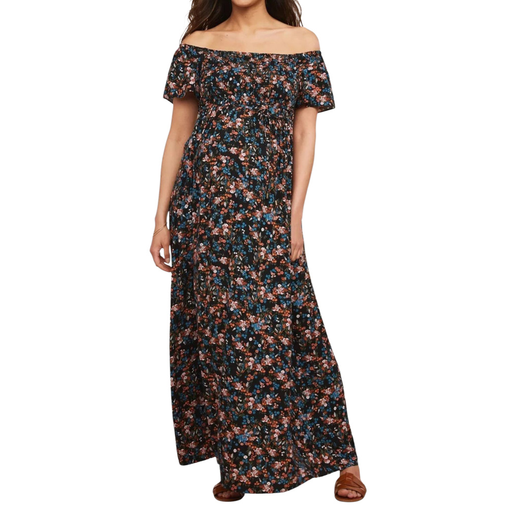 Motherhood Maternity Off The Shoulder Smocked Floral Maxi Dress Black Red Small